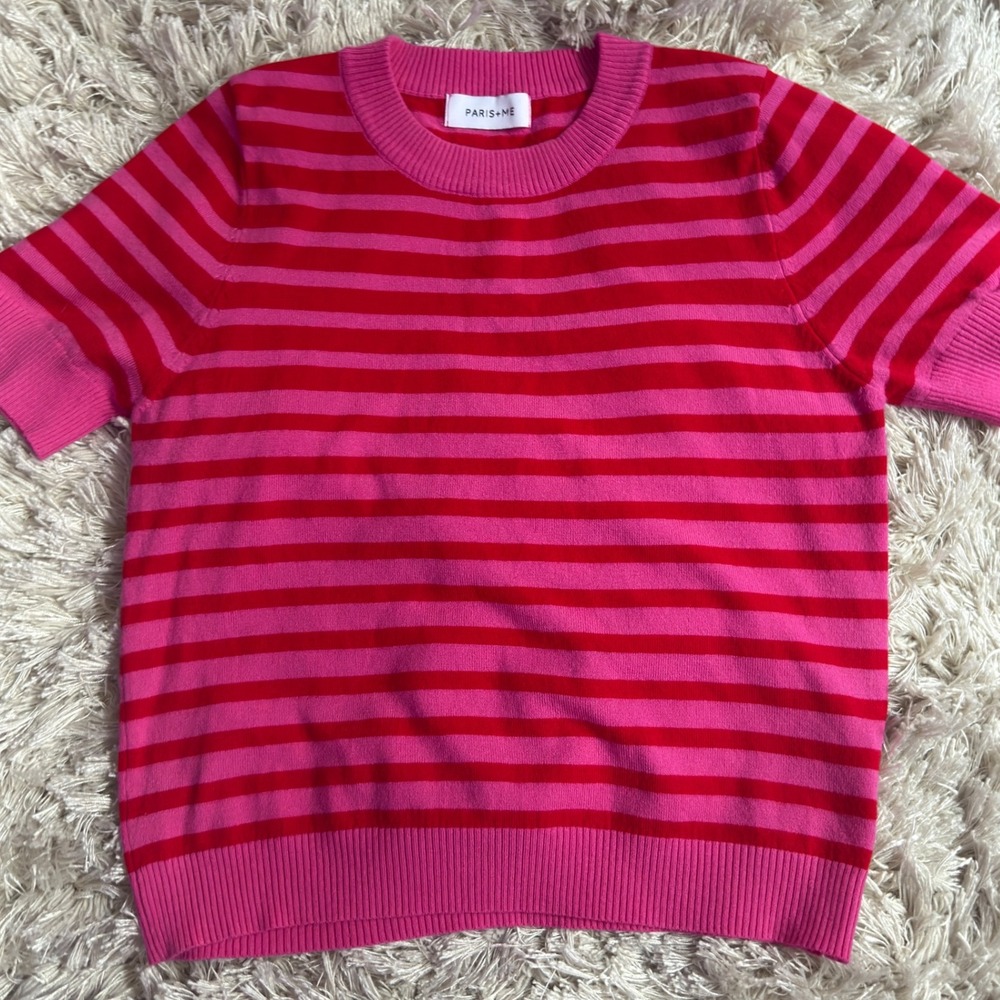 Pink Red Striped Short Sleeve Sweater Womens S Paris + Me Crew Neck Fine Knit